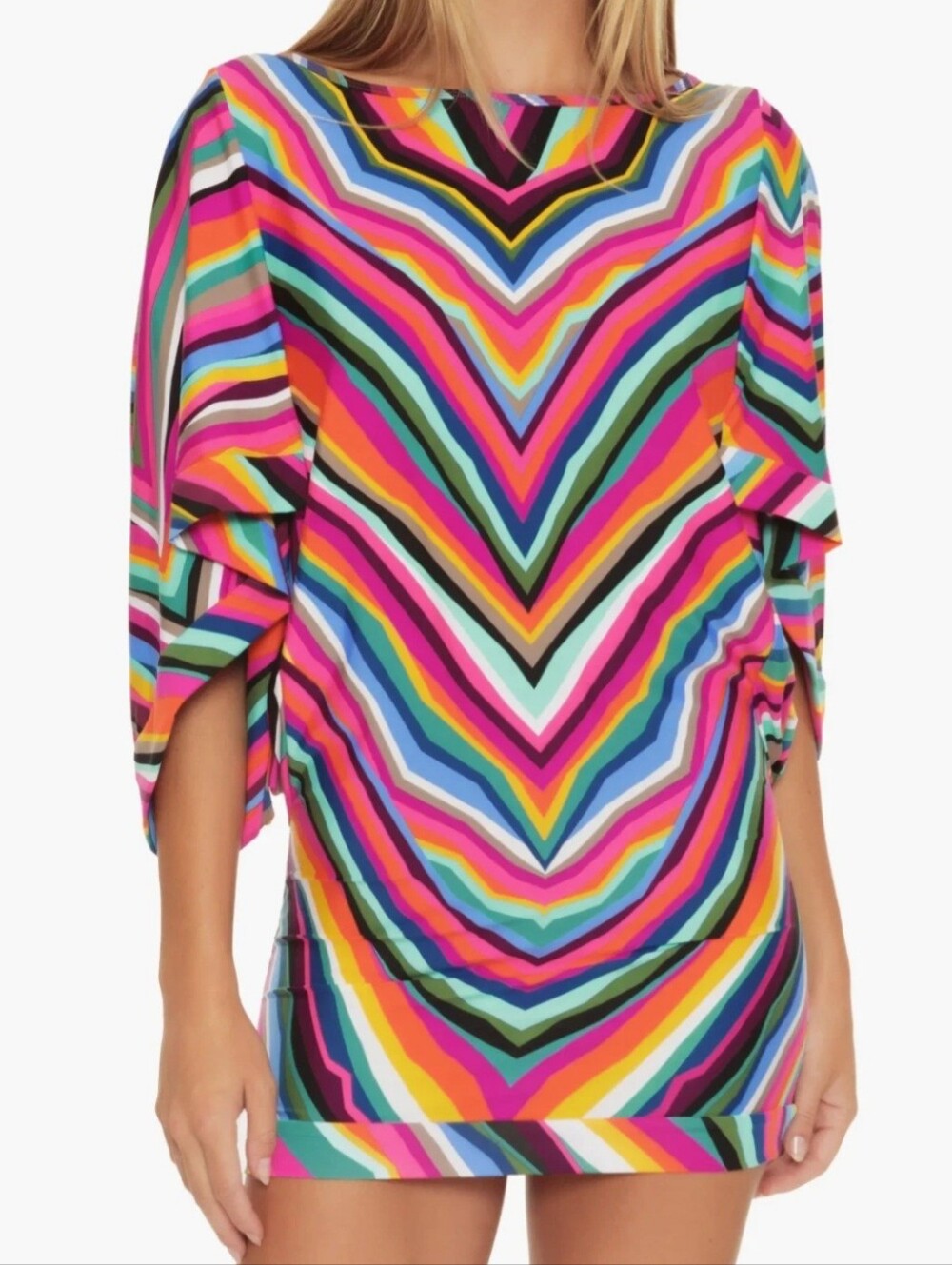 Trina Turk Louvre Bright Funky Multicolor Chevron Jersey Shift Mini Dress XL